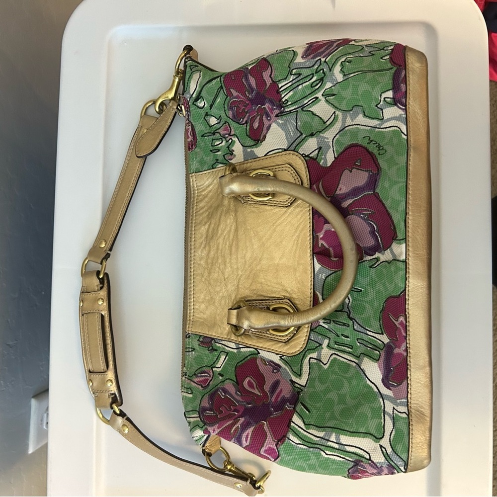 Coach Ashley Floral Gold, Green and Purple Women's Shoulder Bag Satchel Purse - Picture 10 of 16
